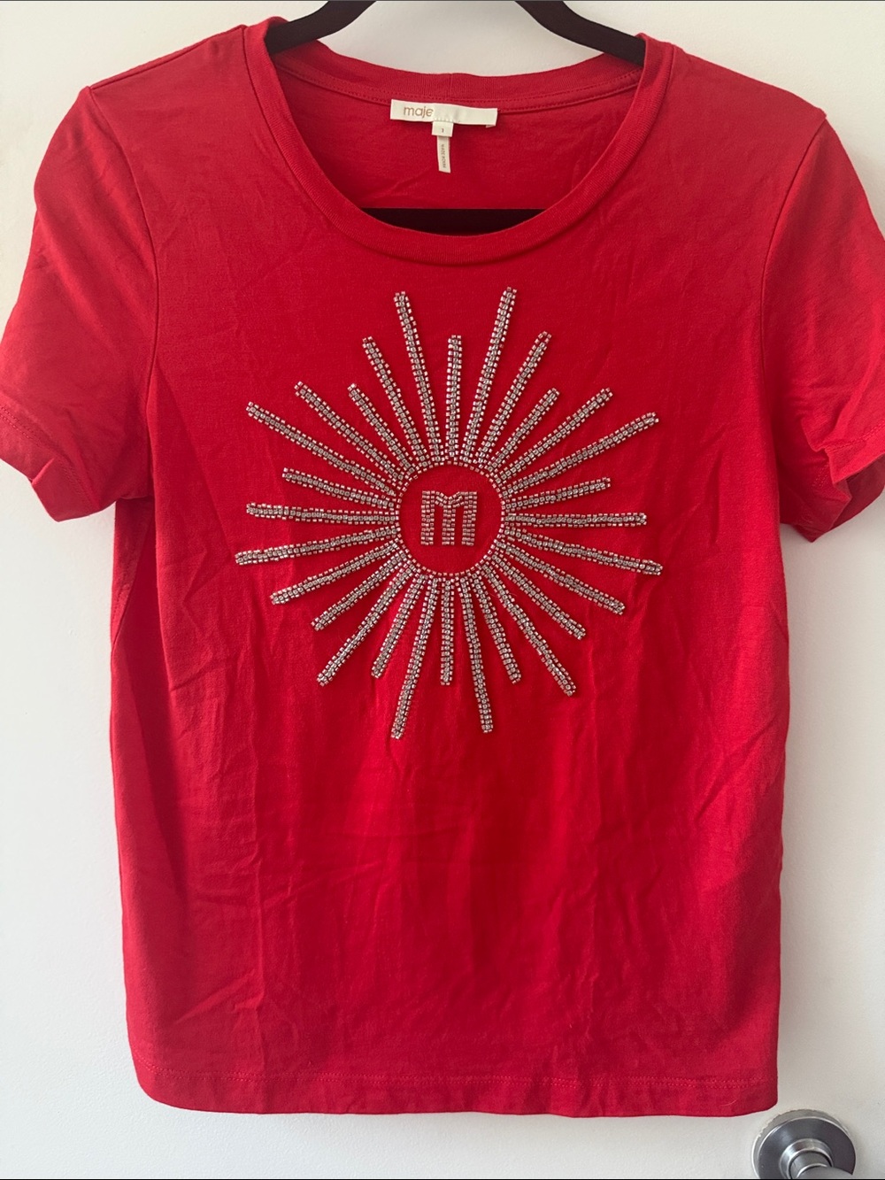 Maje Red Short Sleeve Tee with Crystal Sunburst organic cotton